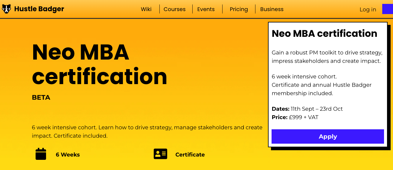 Neo MBA certification by Hustle Badger