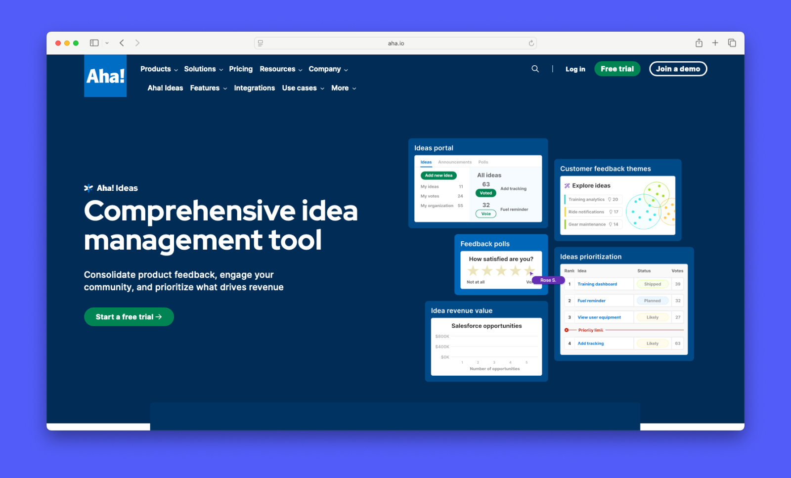A screenshot showing Aha! Ideas feature page.