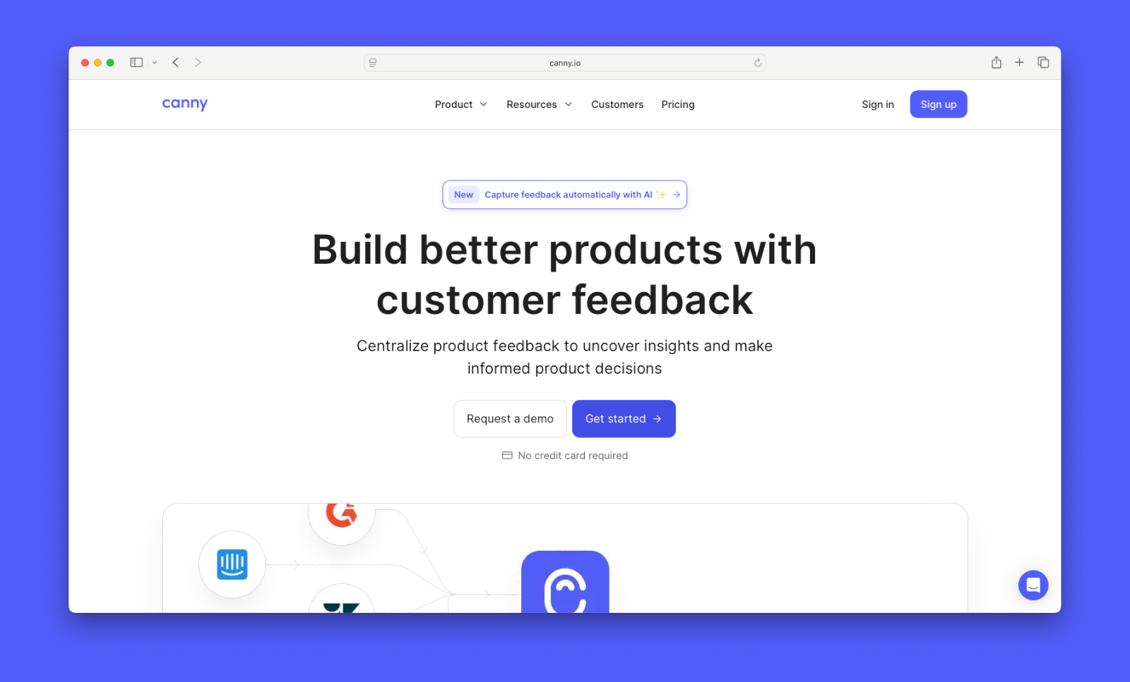 Screenshot of Canny's homepage with a visual showing how it closes the feedback loop. 