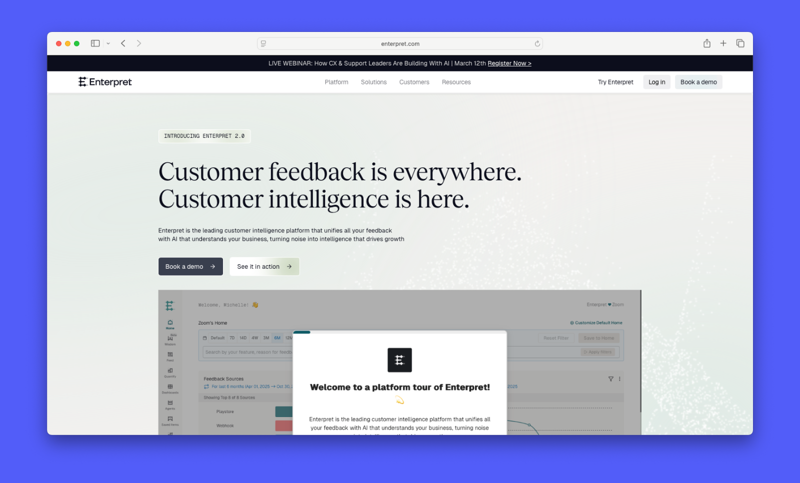 A screenshot showing Enterpret's homepage.