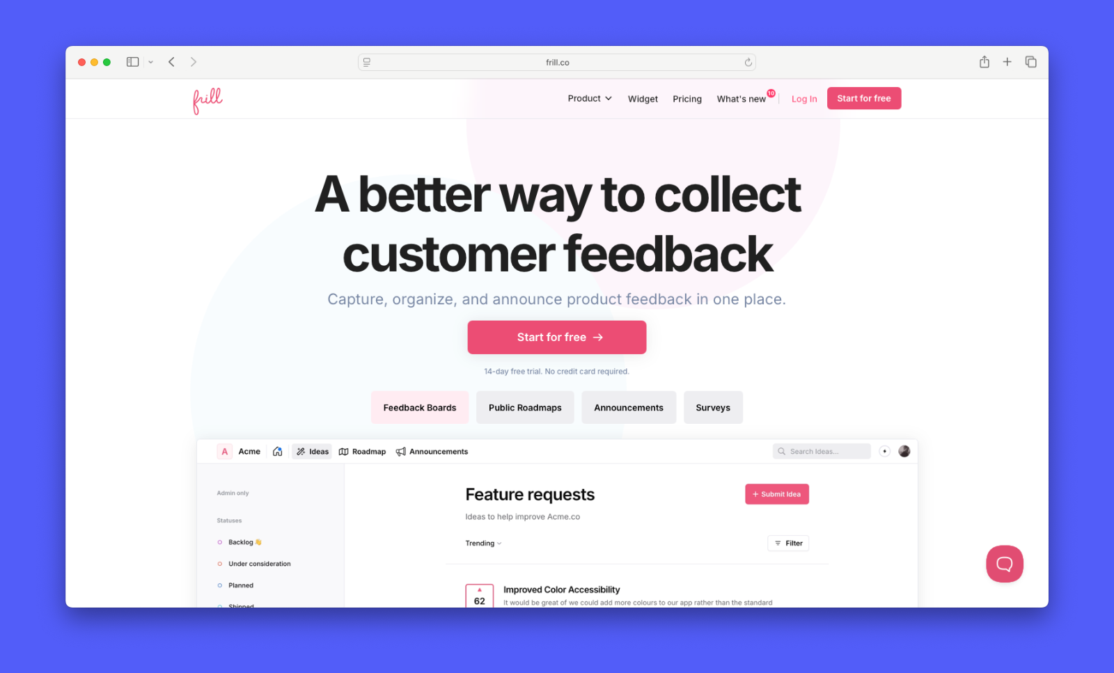 A screenshot showing Frill's homepage. 