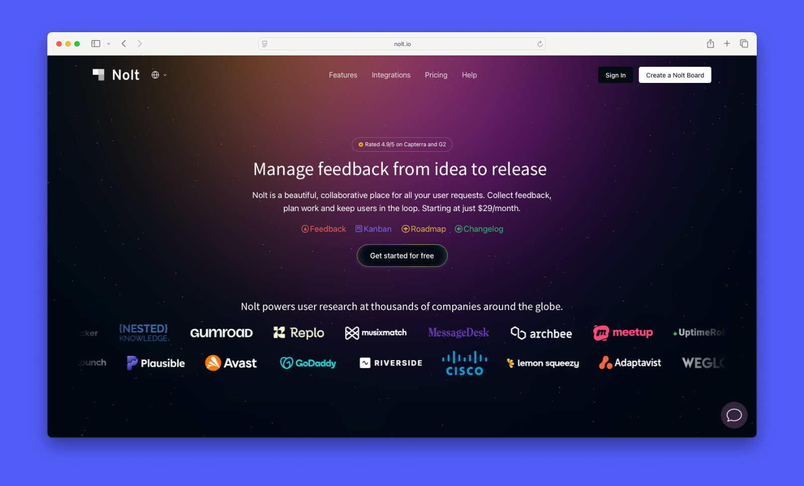 A screenshot showing Nolt's homepage.