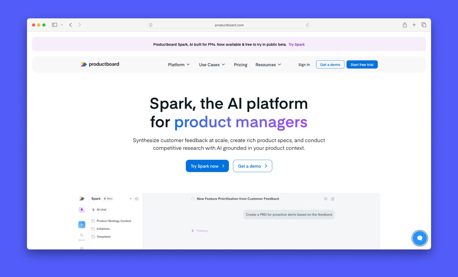 A screenshot of Productboard's homepage. 