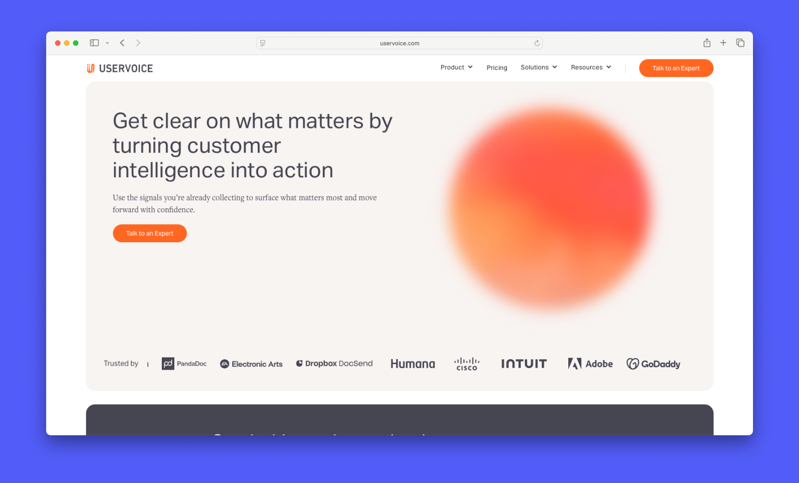 A screenshot showing UserVoice's homepage. 