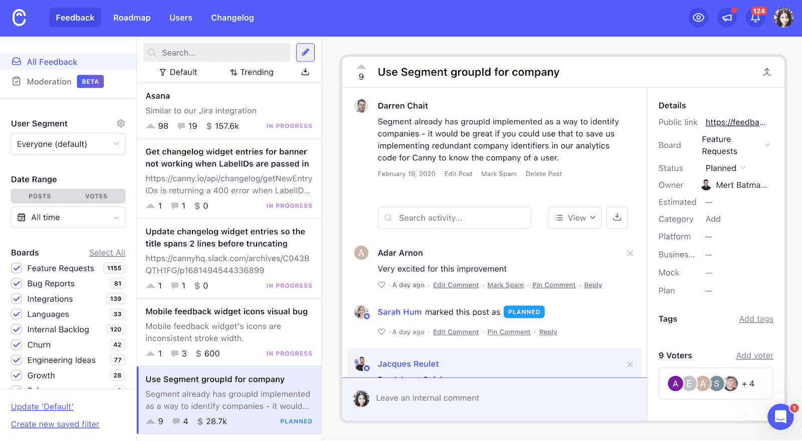 A screenshot of Canny's public feedback board. 