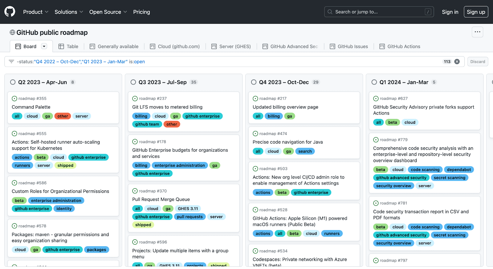 GitHub's public roadmap