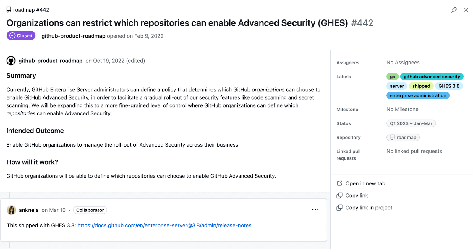 GitHub roadmap's detailed view