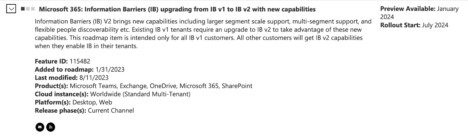 Detailed view of a Microsoft 365 roadmap item.