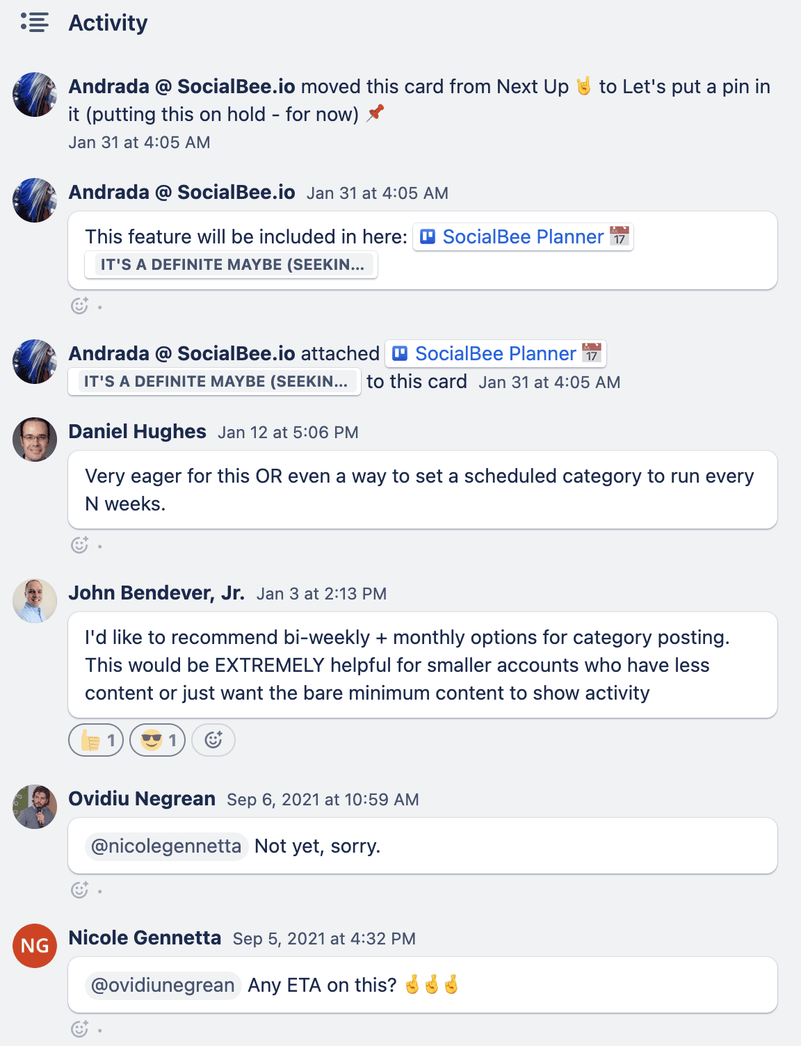 SocialBee users discussing feedback on Trello cards.
