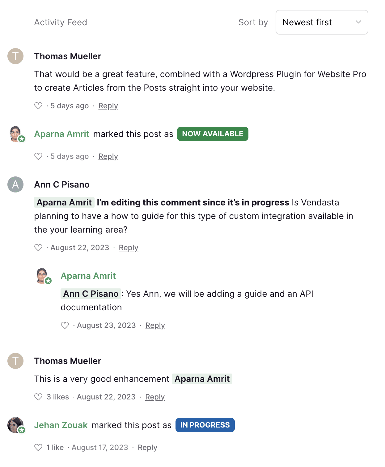 Vendasta users discussing a feature request. 