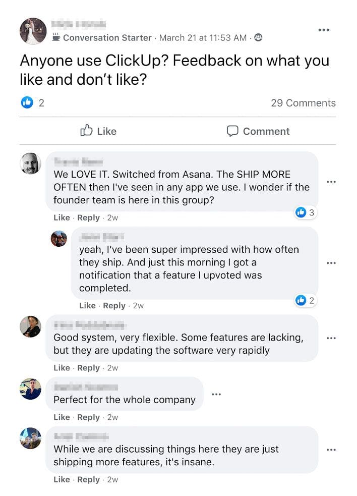 Conversation about ClickUp on Facebook