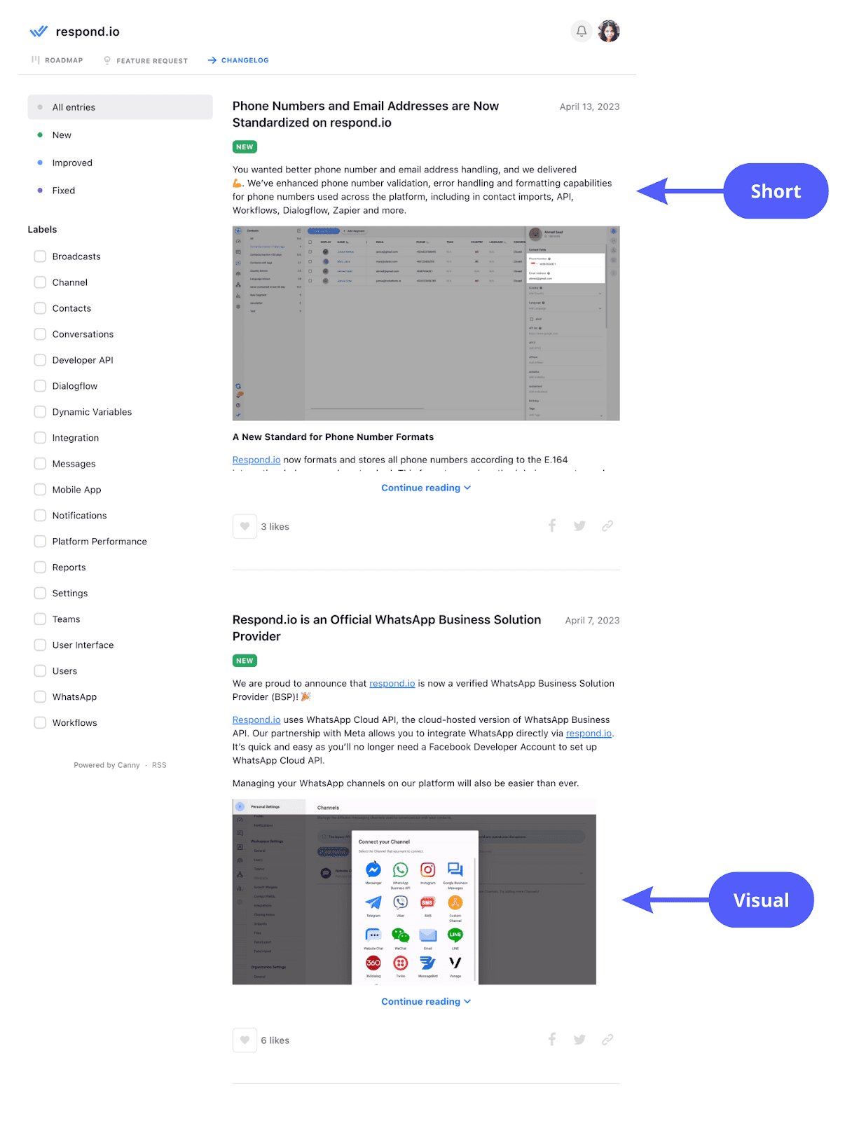 Respond.io's using Canny's release notes