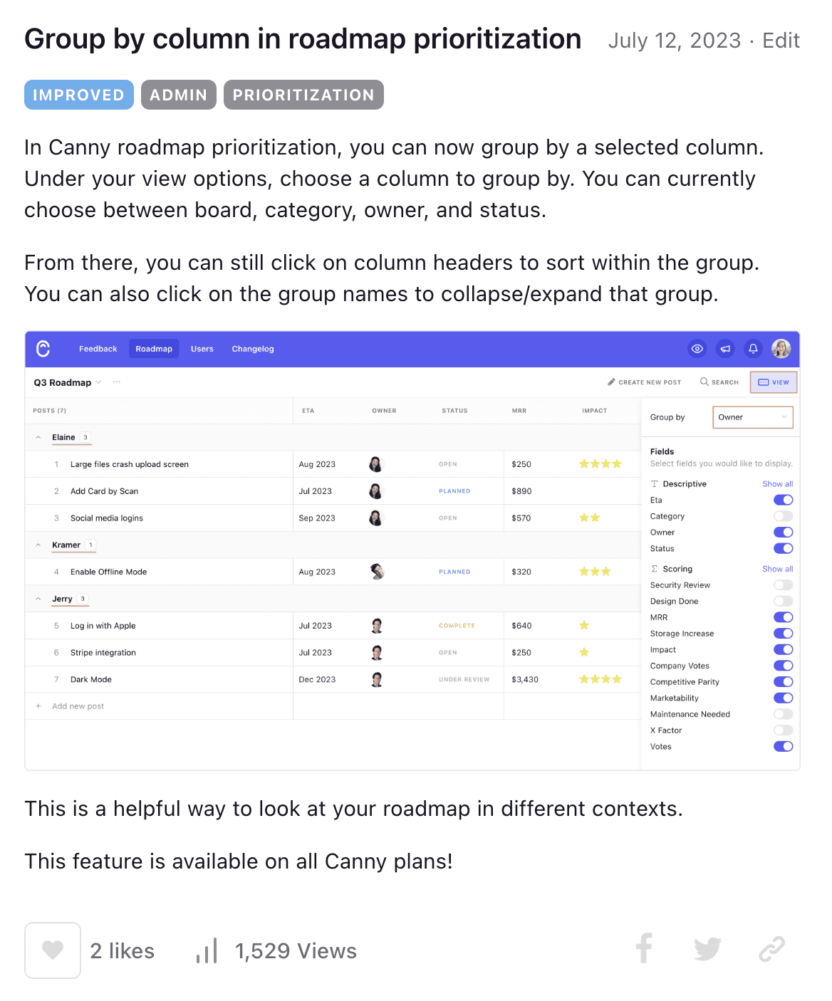 Canny's changelog example using visuals