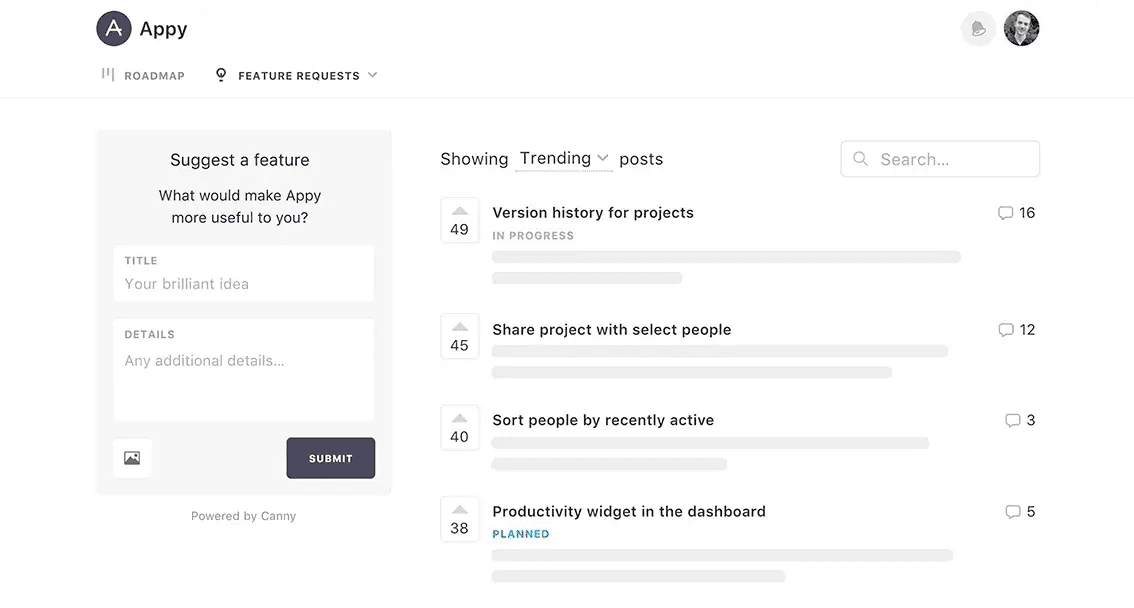 A screenshot from Canny showing user feedback for an App. 