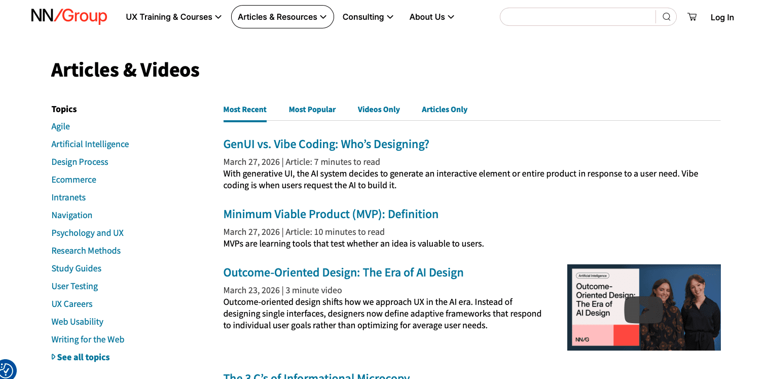 Screenshot of the Nielsen Norman Group's blog. 