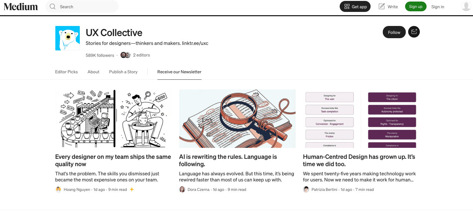 Screenshot of UX Collective on Medium
