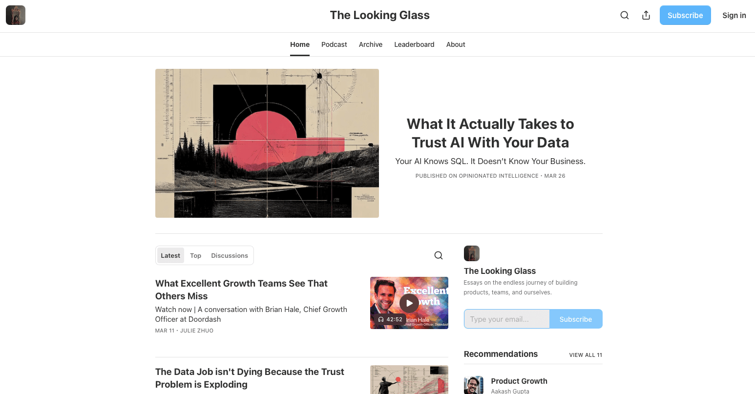 Screenshot of Julie Zhou's Substack, The Looking Glass