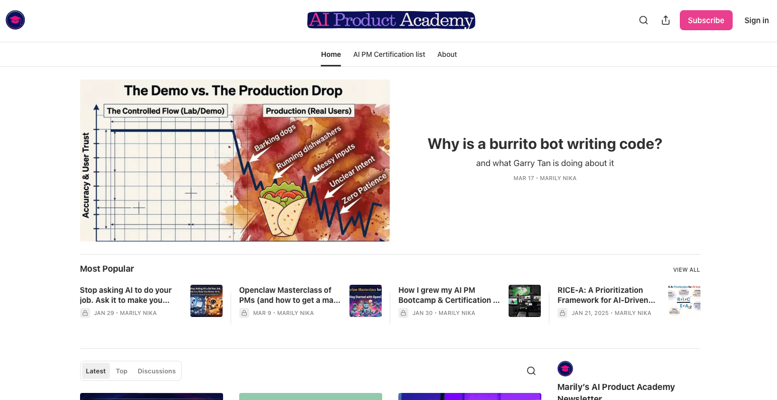 Screenshot of the AI Product Academy on Substack