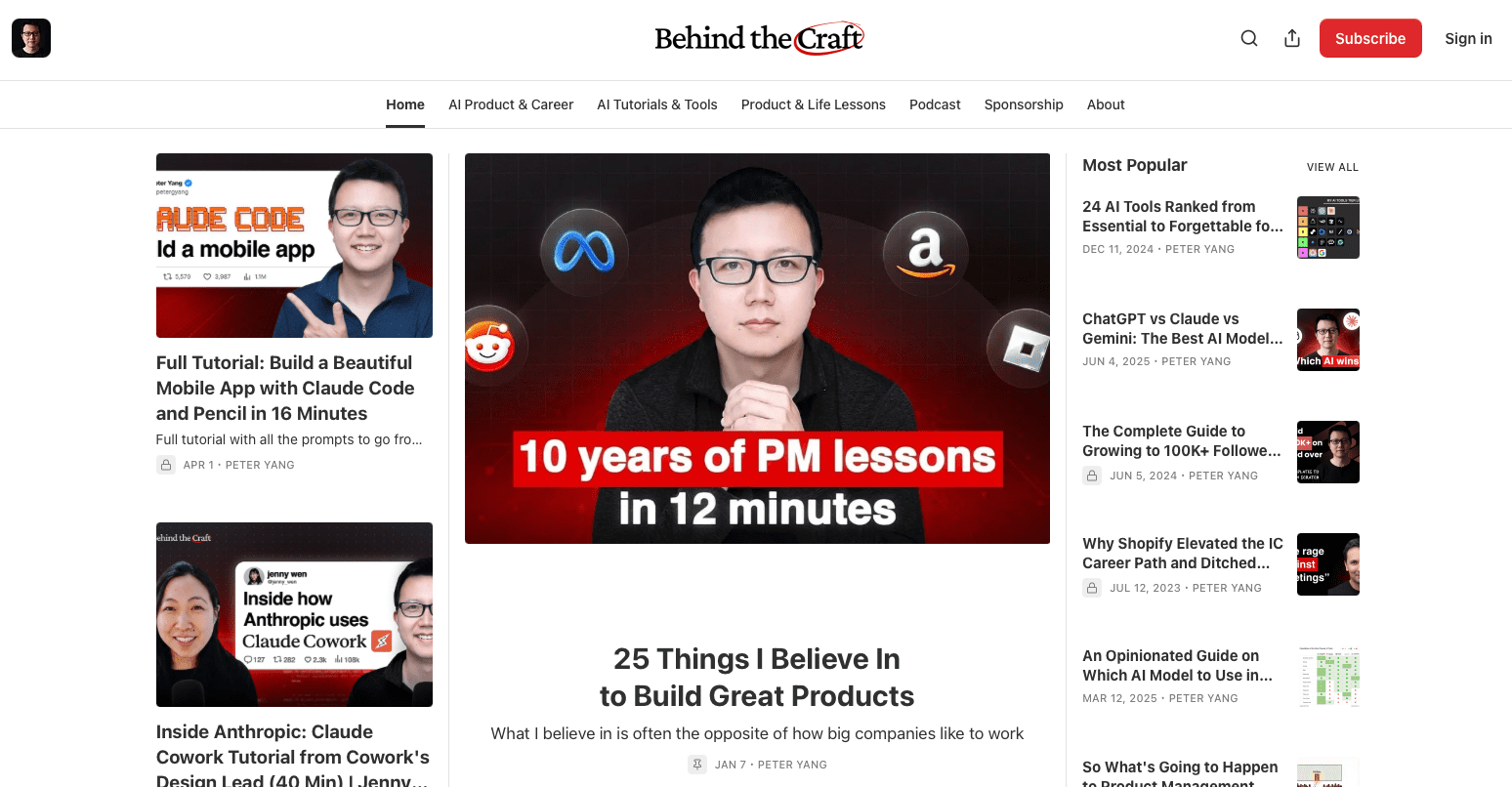 Screenshot of Peter Yang's blog, Behind the craft