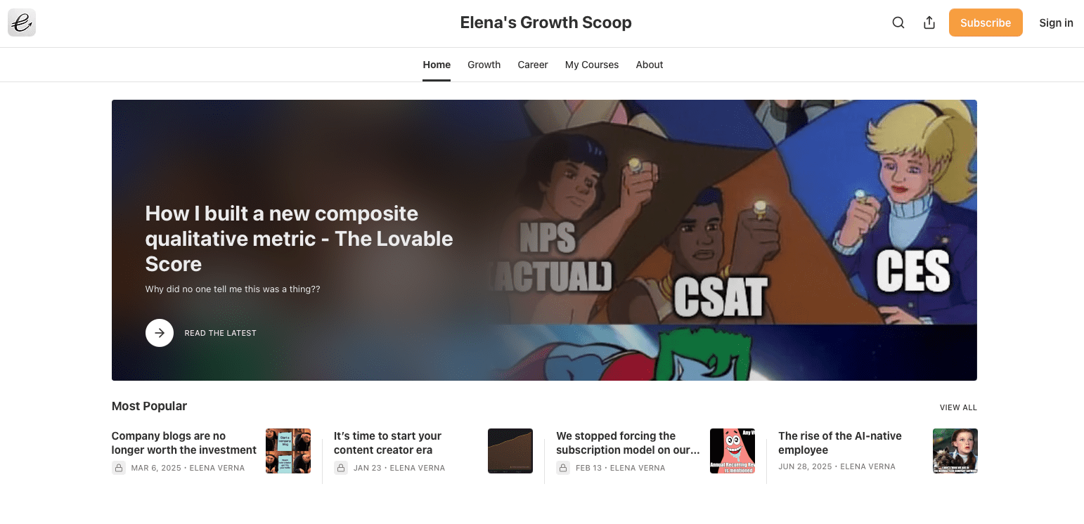 Screenshot of Elena's Growth Scoop homepage