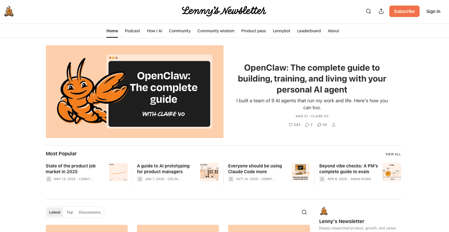 A screenshot of Lenny's Newsletter homepage