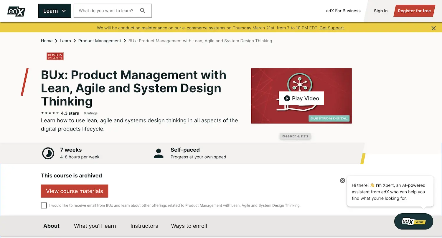 Product Management with Lean, Agile, and System Design Thinking, Boston University, EdX