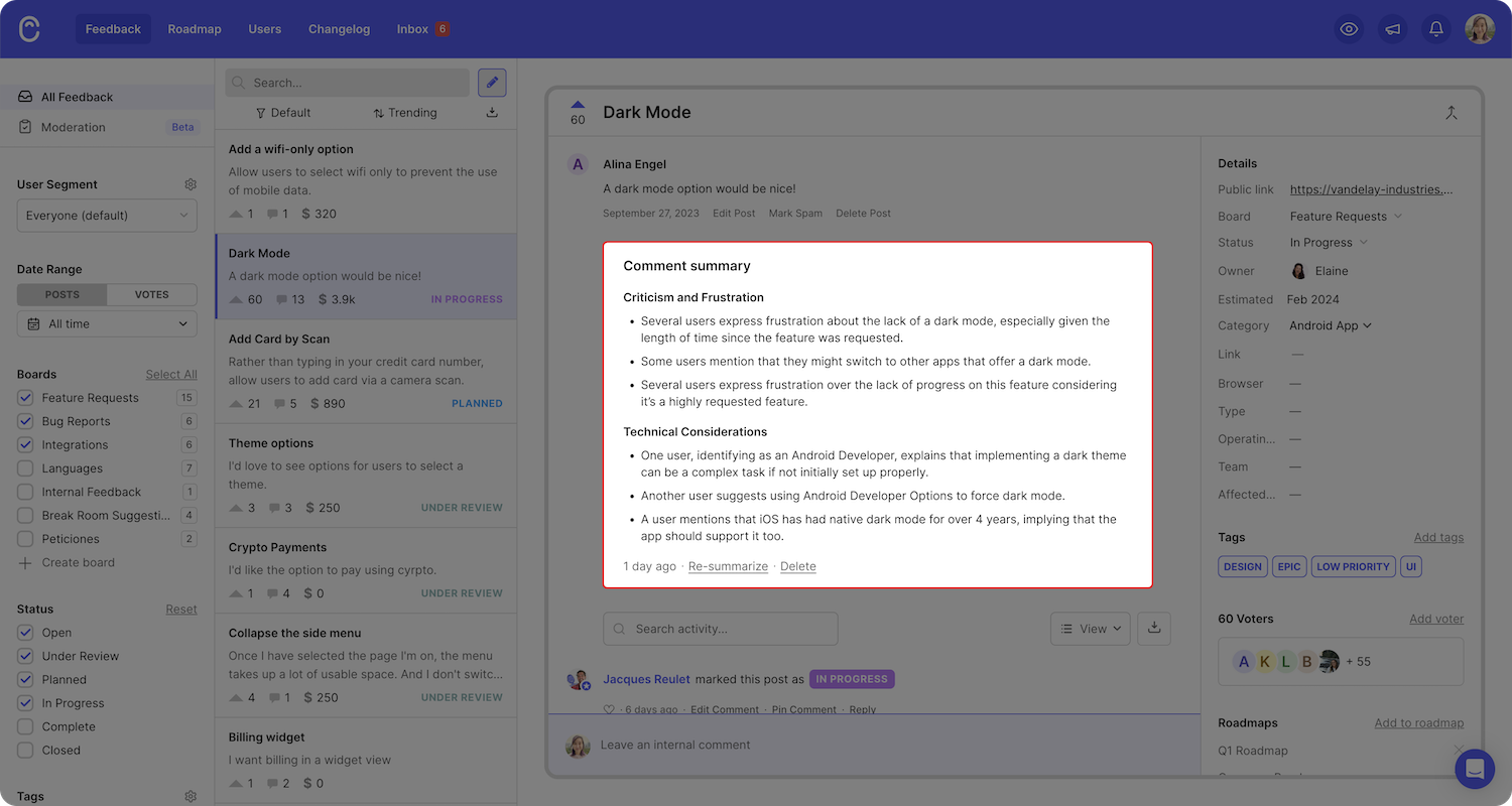 Comment Summaries in Canny showing the key points from a long comment thread