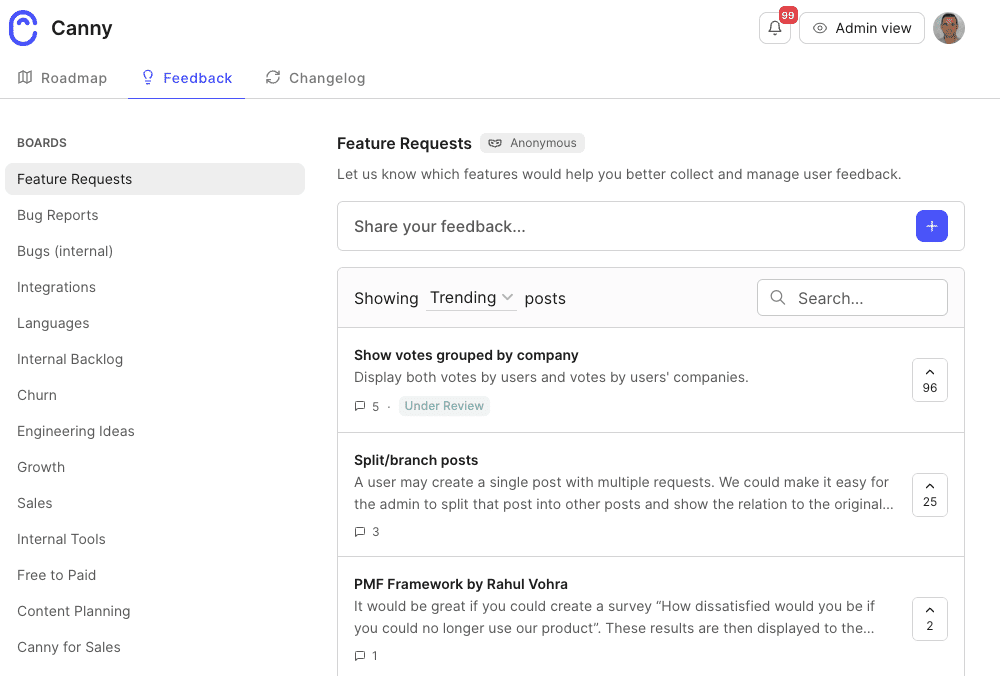Screenshot of Canny's public feedback board.
