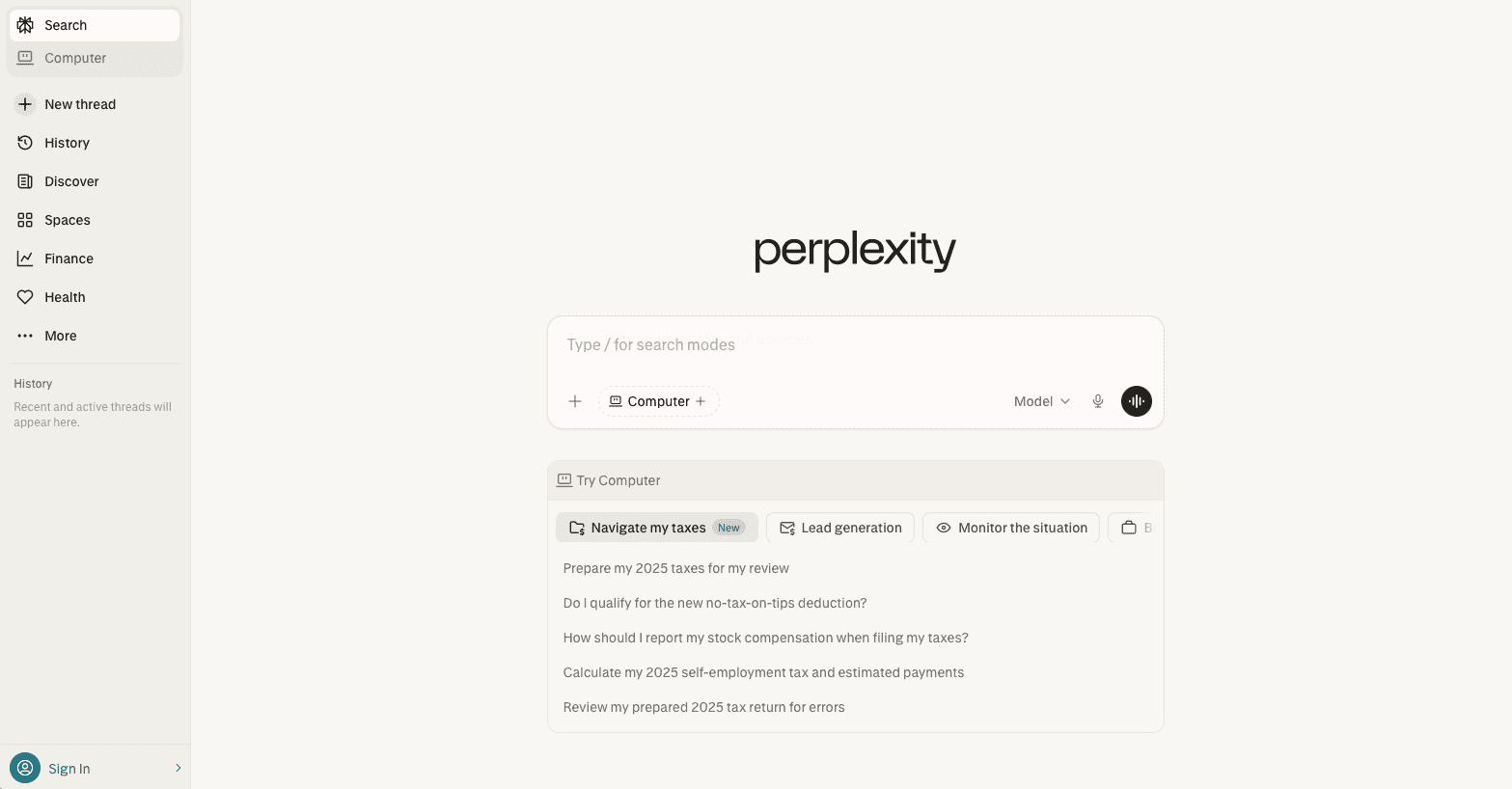 Screenshot of Perplexity's homepage