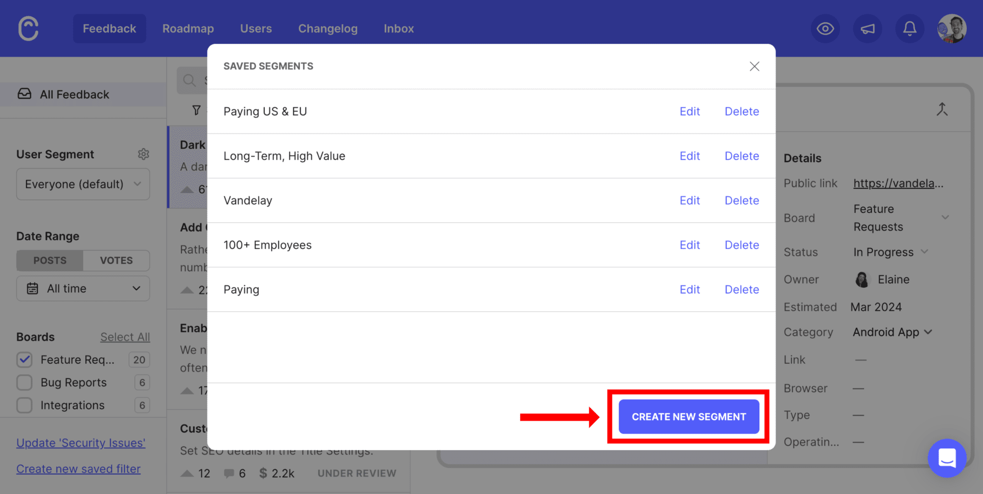 A screenshot of Canny's user segmentation tool. 