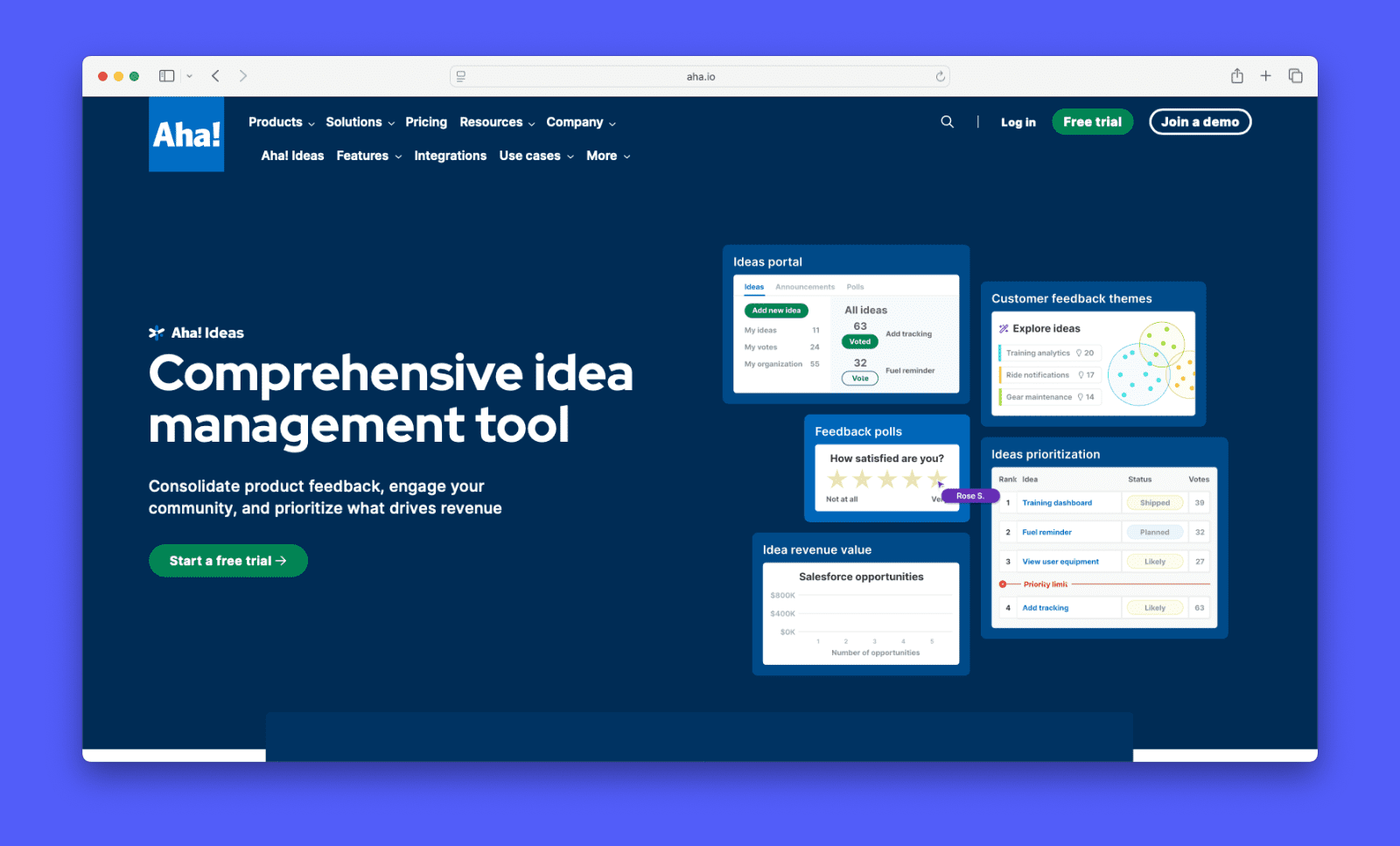A screenshot showing Aha! Ideas feature page.