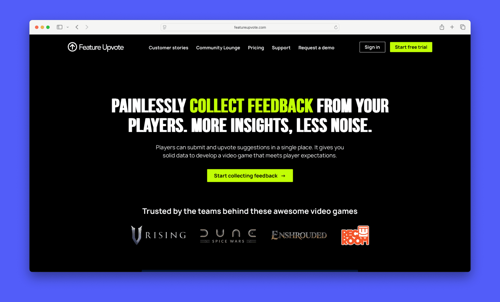 A screenshot showing Feature Upvote's homepage. 