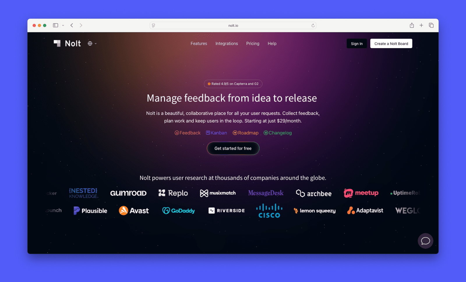 A screenshot showing Nolt's homepage.