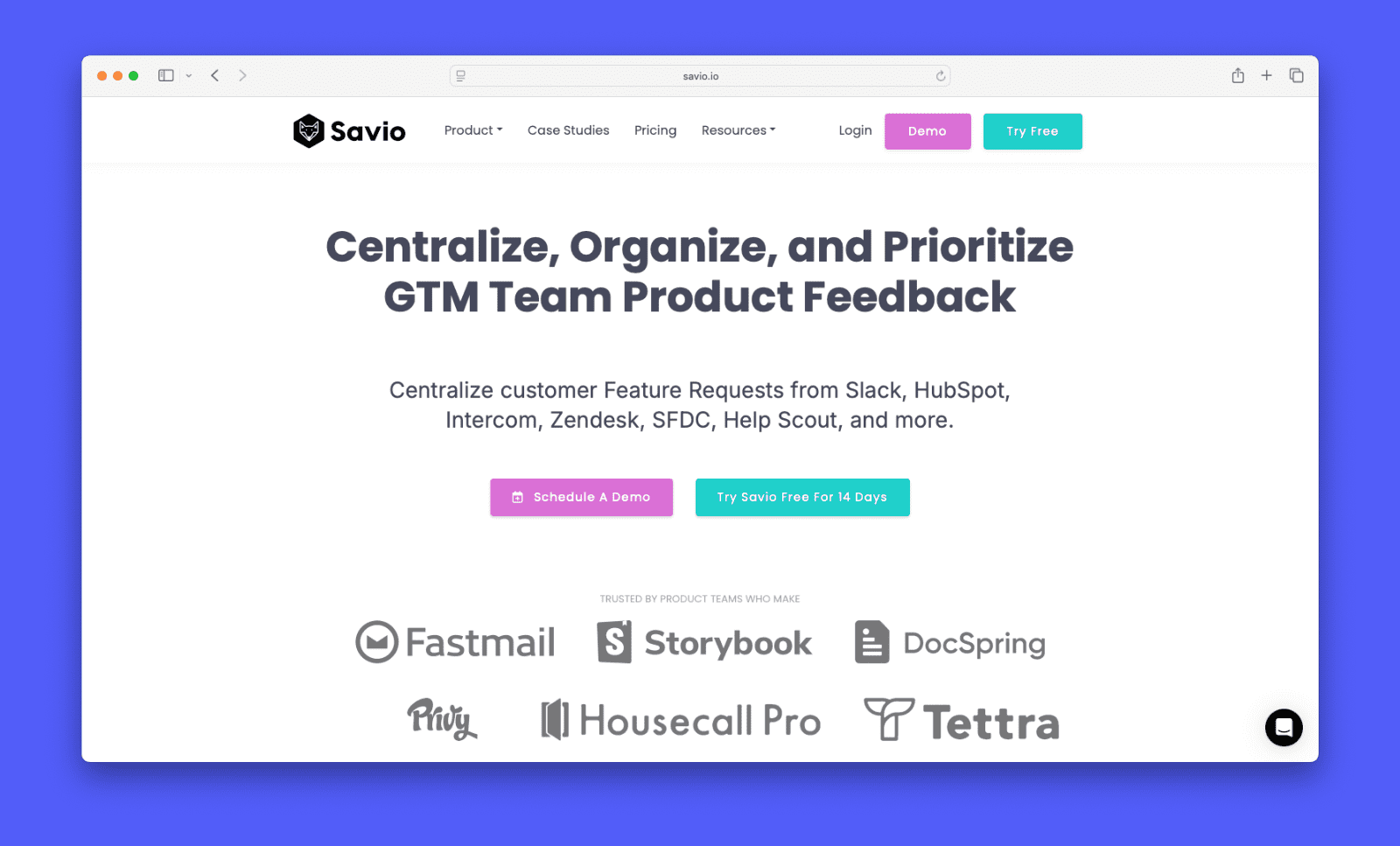 A screenshot showing Savio's homepage.
