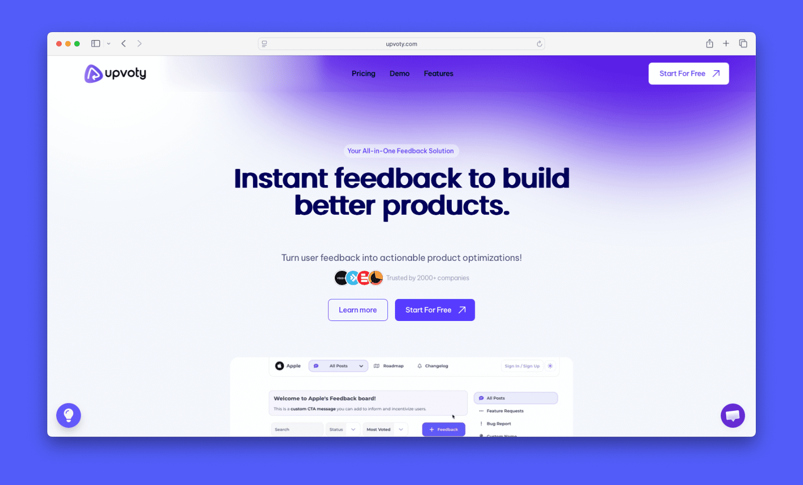 A screenshot of Upvoty's homepage