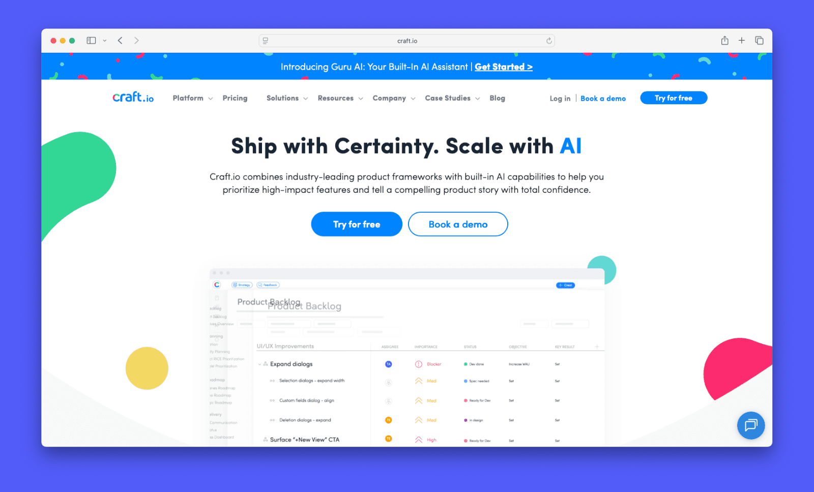 A screenshot of Craft's homepage