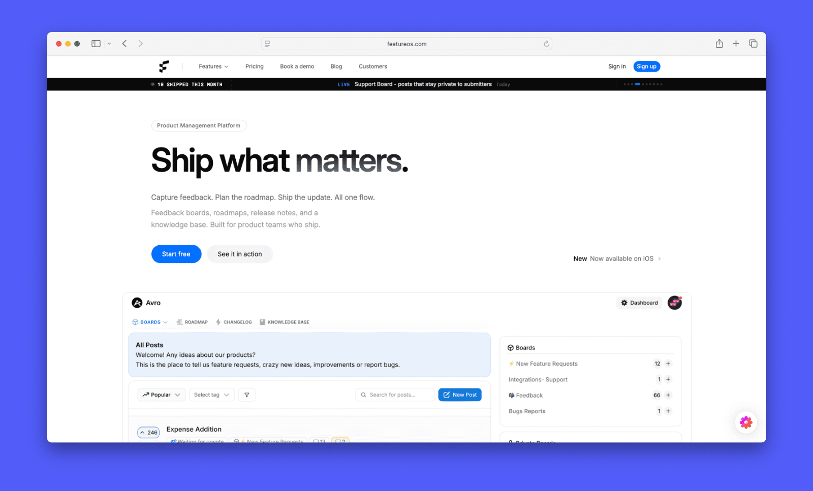 Screenshot of FeatureOS' homepage