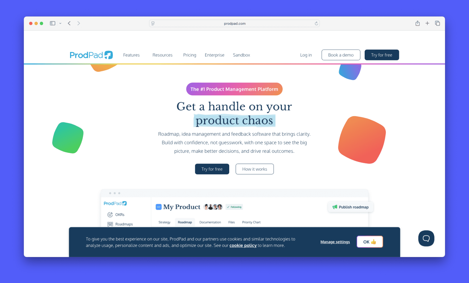 A screenshot of ProdPad's homepage