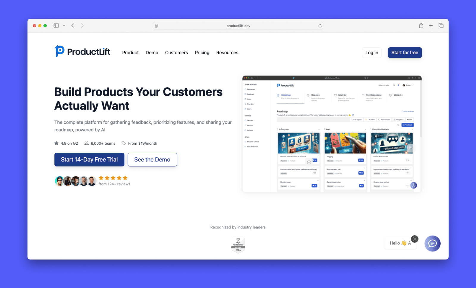 Screenshot of ProductLift's homepage