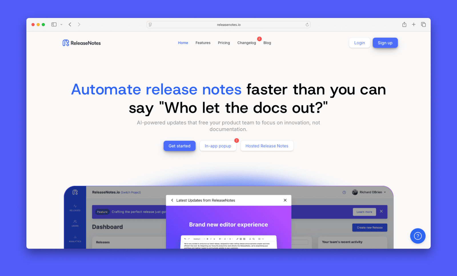Screenshot of ReleaseNotes homepage