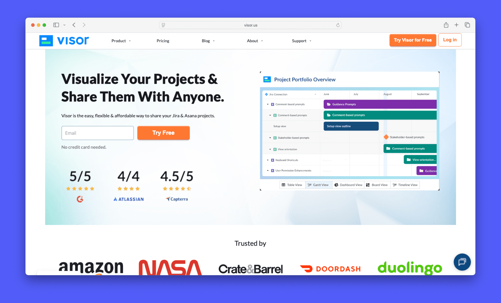 A screenshot of Visor's homepage