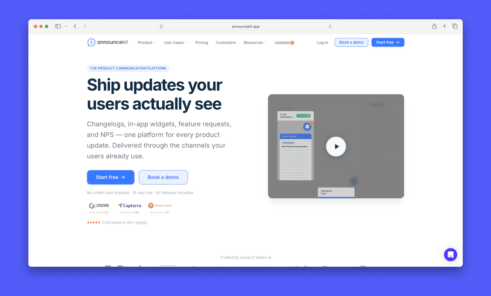 Screenshot of announcekit's homepage