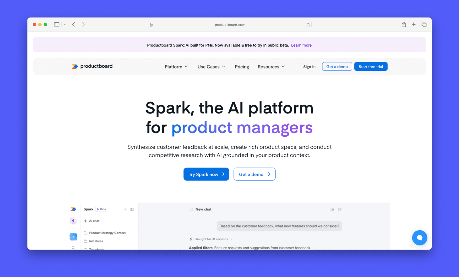 Screenshot of Productboard's homepage.