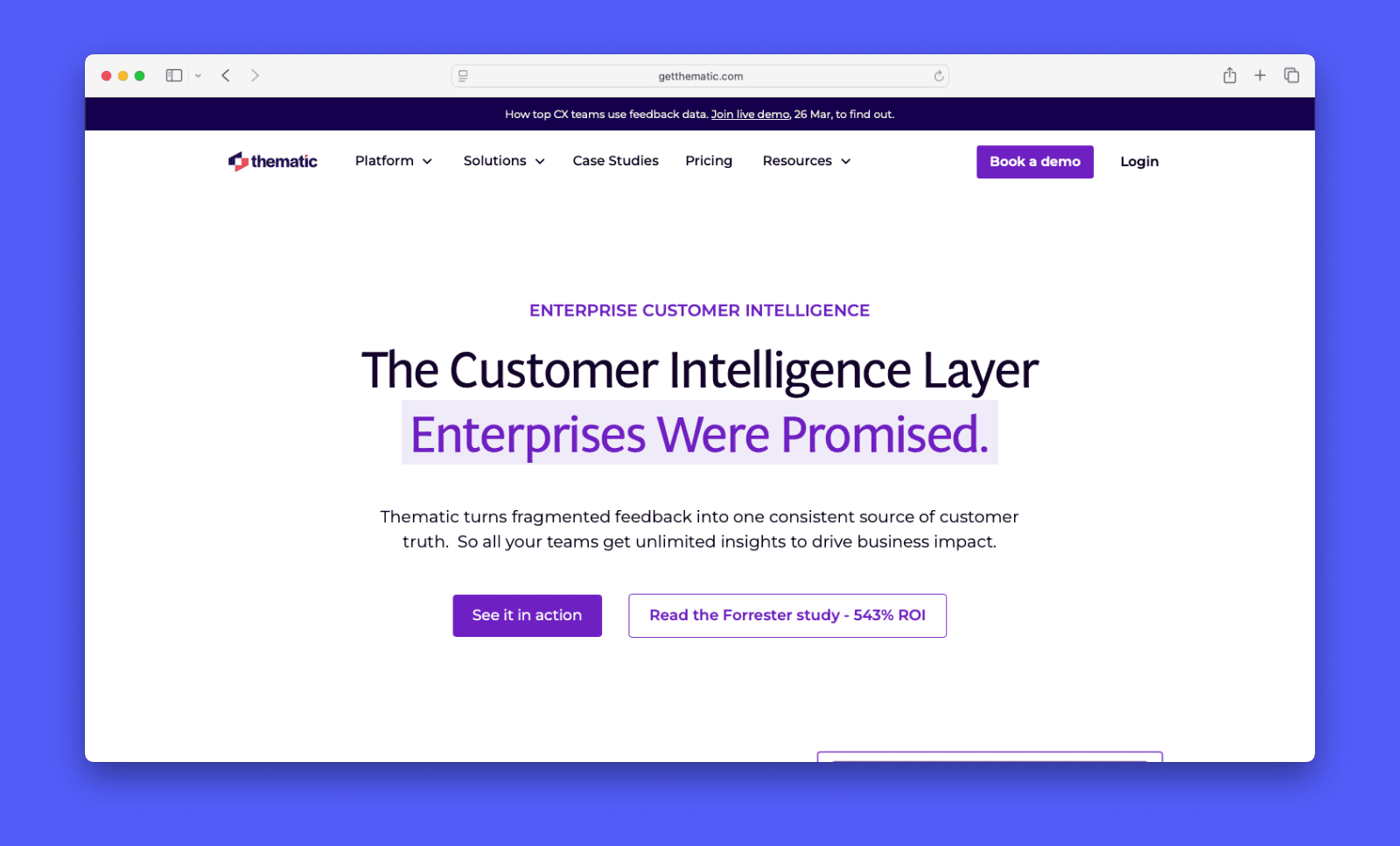 Screenshot of Thematic's homepage.