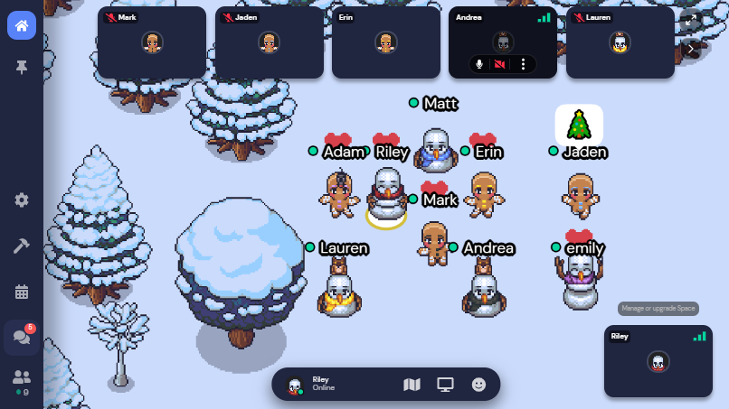A view of a winter Space in Gather with dancing snowpeople and gingerbread people. The Jaden gingerperson is showing a custom emote of a Christmas tree.