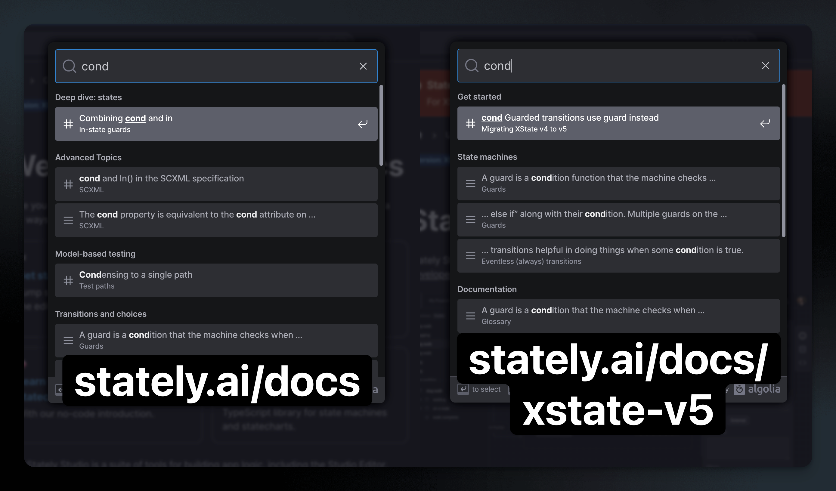 Side-by-side comparison of search results for cond in the Stately docs. In the V4 docs, it gives you results about combining cond and in. In the V5 docs, it gives you results telling you to use guard instead of cond.