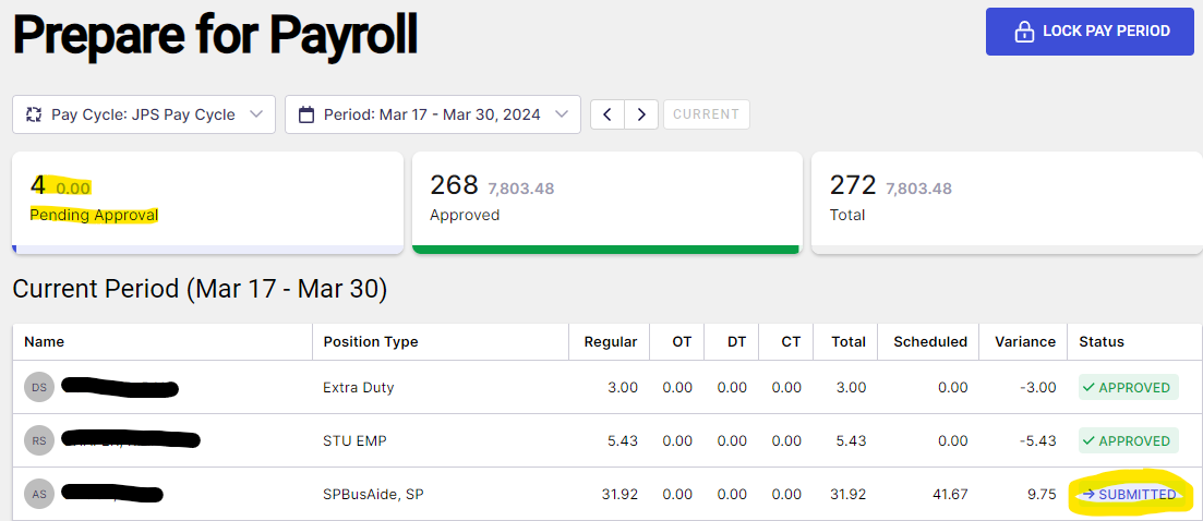 Red Rover Payroll Prepare for payroll status containing rejections shows as