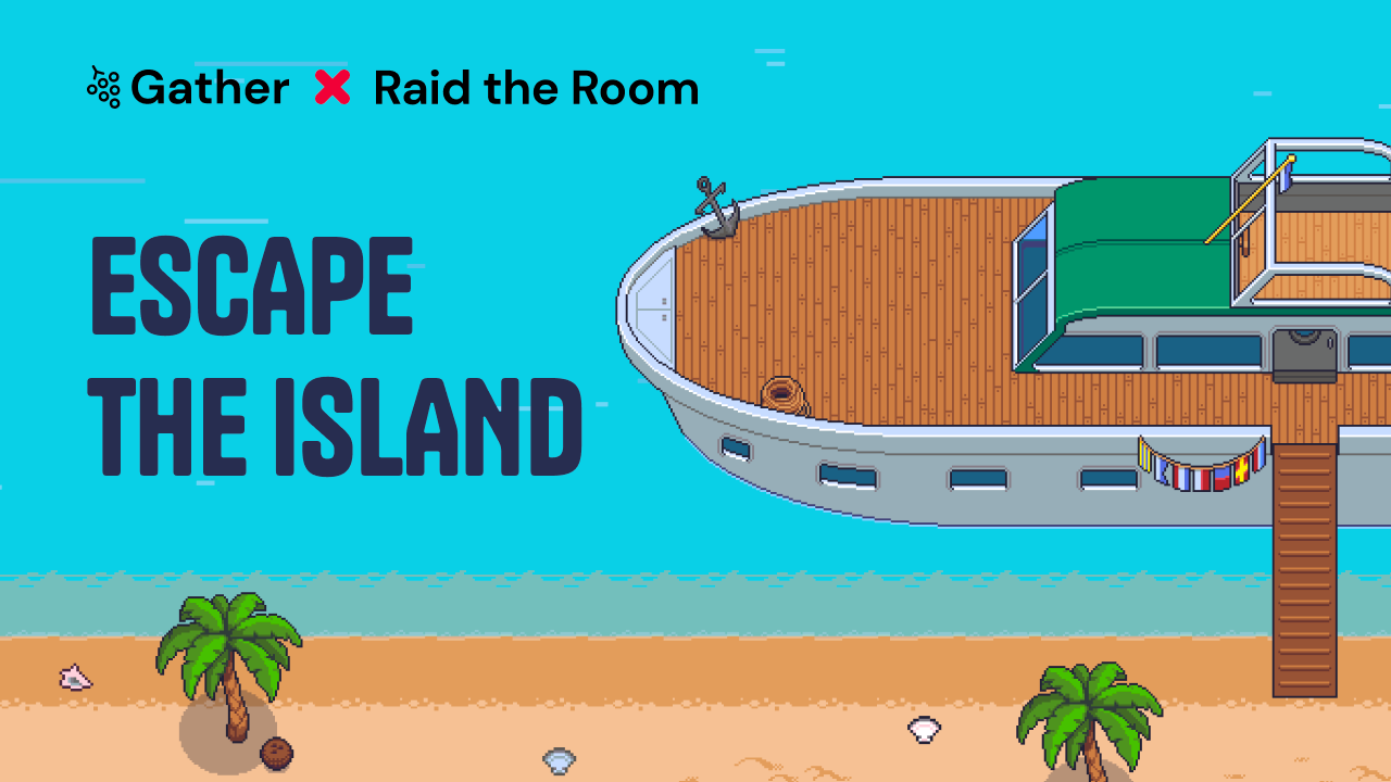Escape the Island banner with a boat floating in light blue water with a gangplank leading to a sandy beach