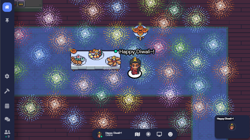 A screenshot of Gather's Lobby with a table showing various food, including ailoo tikki and karanji, a person in a red dress next to the table with the words "Happy Diwali" over their head, and lots of colorfulfireworks all over the screen.