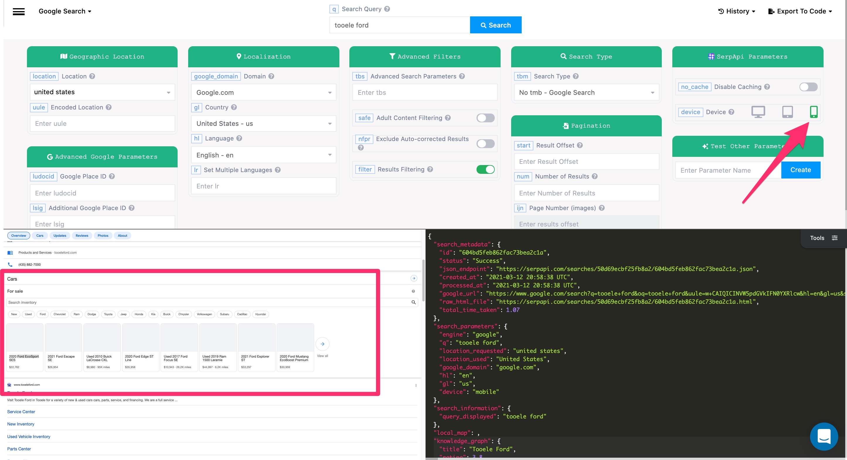 Support Google Search API mobile "Cars For Sale" into a JSON field ...